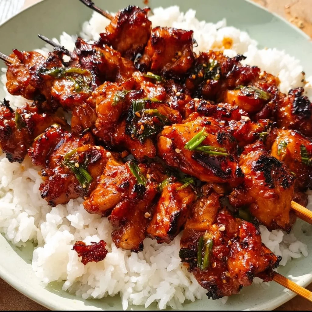 Delicious Korean chicken skewers displayed on a wooden platter with dipping sauce.