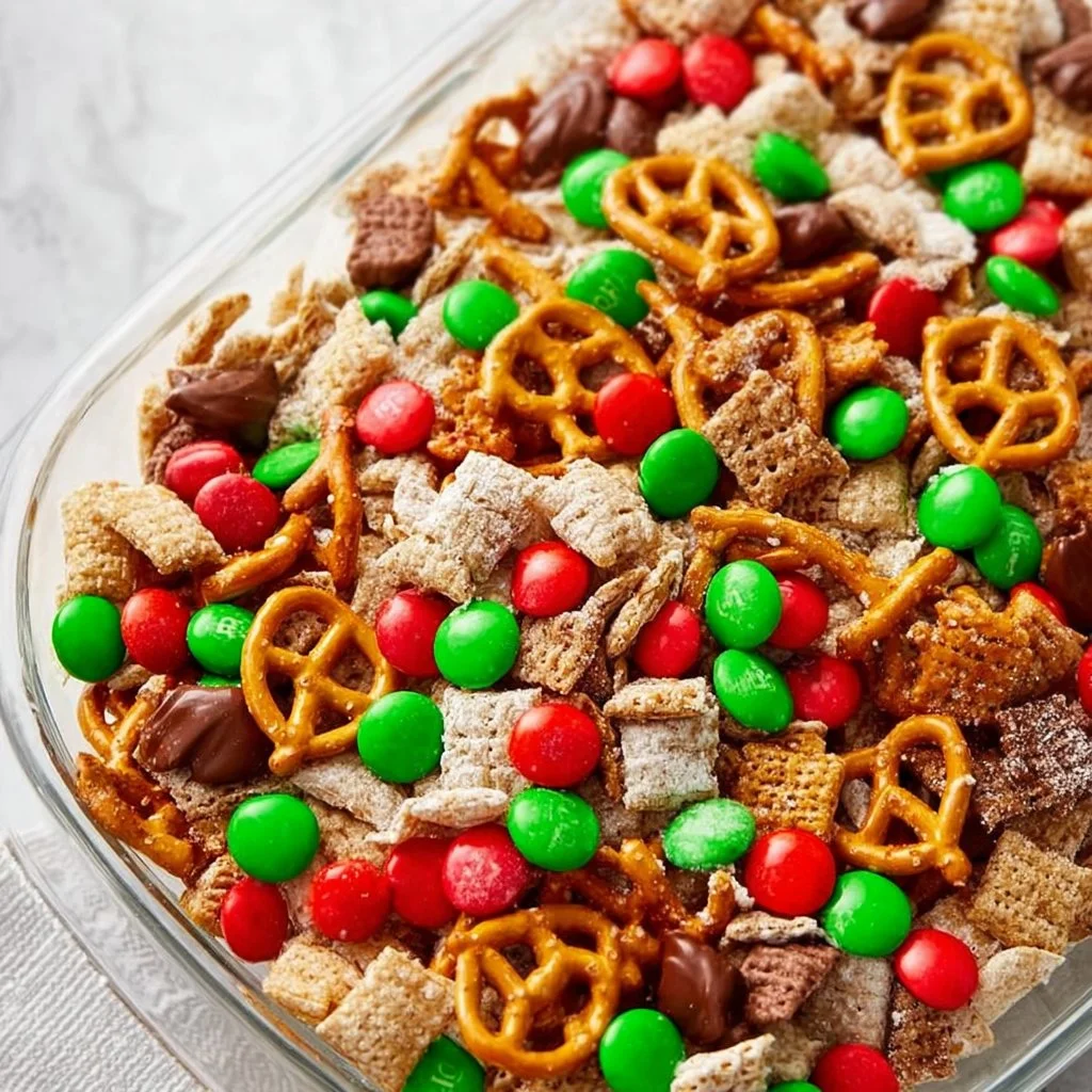 A festive bowl of Loaded Christmas Puppy Chow with colorful toppings for the holidays.