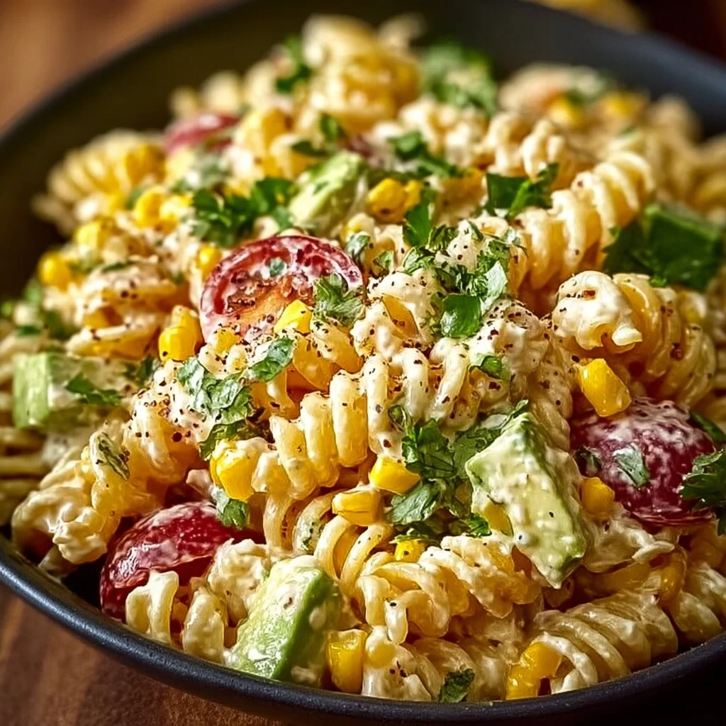 Bowl of Mexican street corn pasta salad with fresh ingredients and colorful toppings.