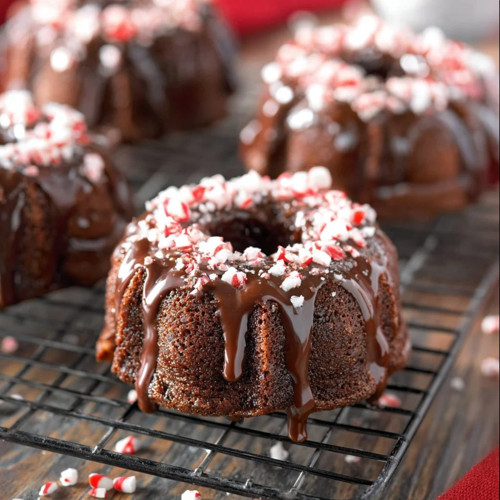 Mini Peppermint Hot Chocolate Bundt Cakes on a festive table