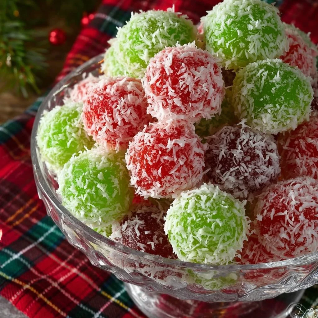 Mom's colorful Christmas Jello Balls for holiday celebrations