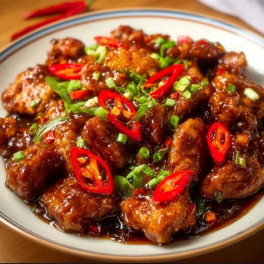 Delicious Mongolian Chicken served with green onions and sesame seeds