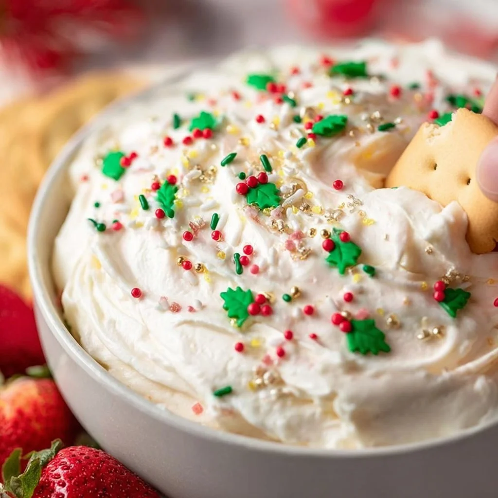 Delicious no bake Christmas cookie dip served with holiday-themed decorations.