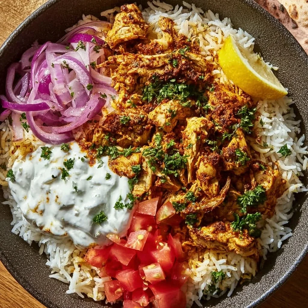 Delicious One Pot Shawarma Chicken and Rice served in a bowl with spices.