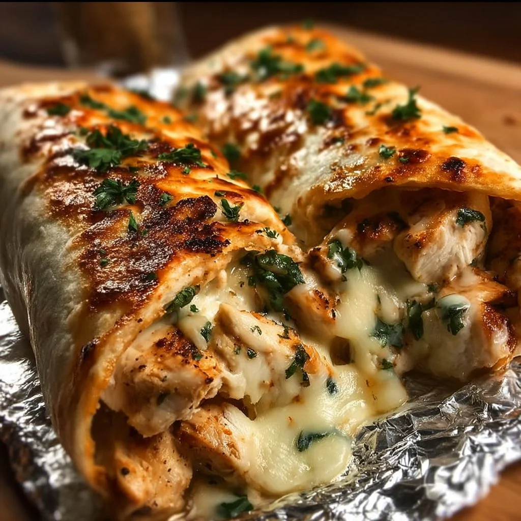 Delicious cheesy garlic chicken wraps ready to serve on a plate.