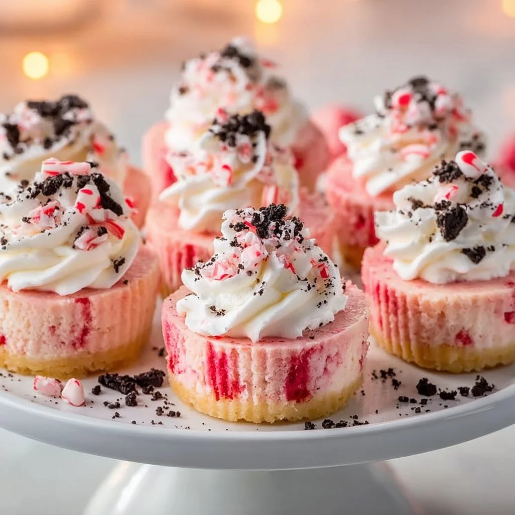Delicious Oreo Peppermint Mini Cheesecakes topped with crushed Oreos and peppermint sprinkles.