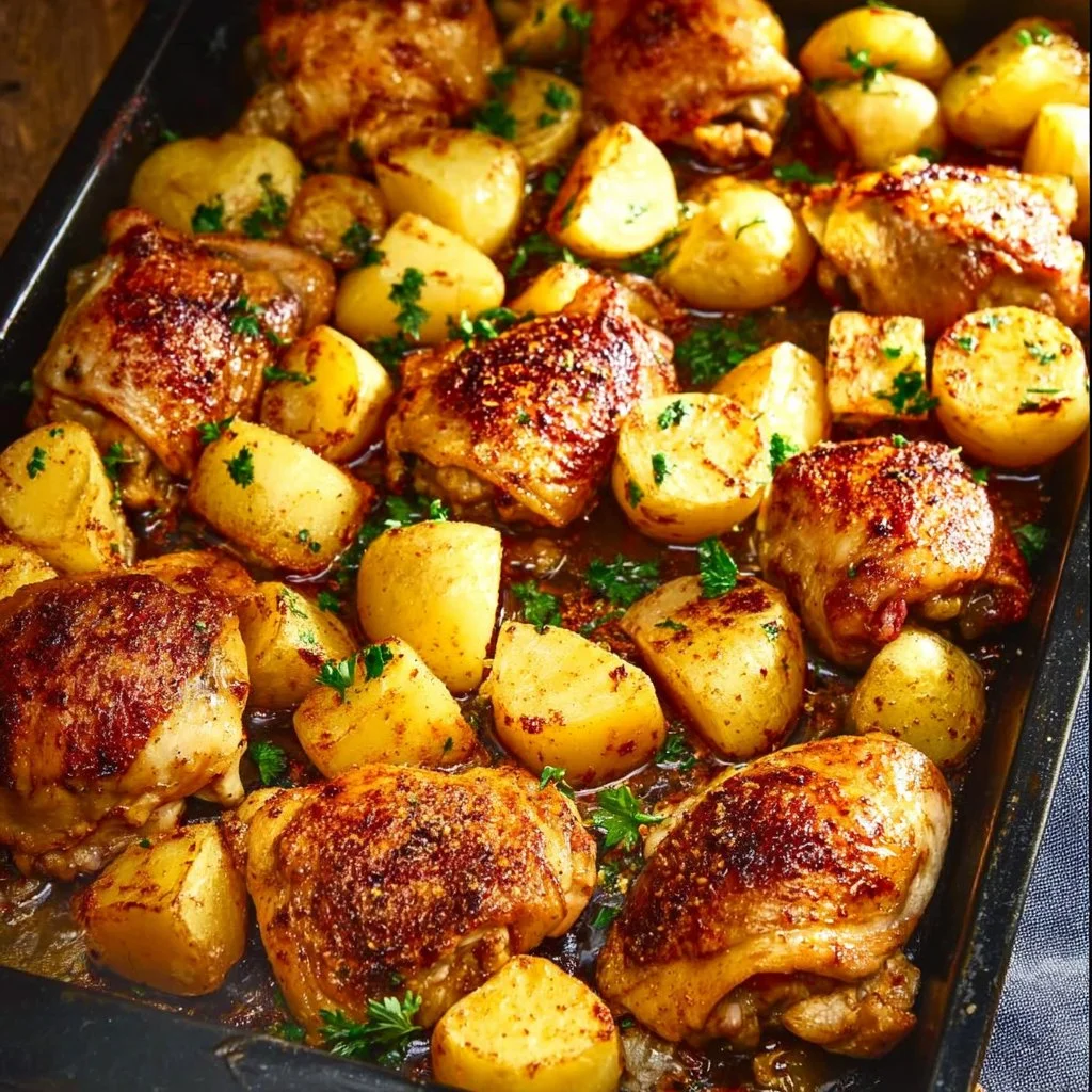 Oven baked chicken thighs served with golden roasted potatoes.