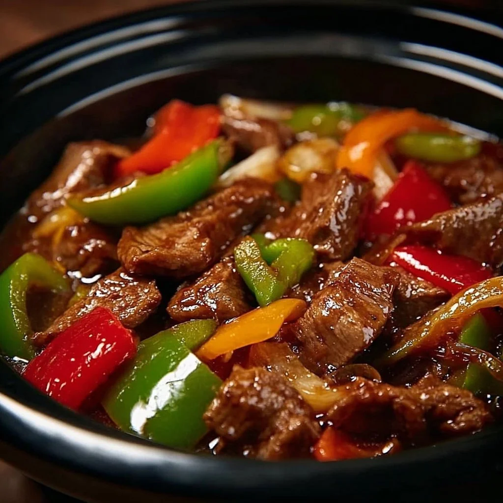 Delicious crock pot pepper steak served with vegetables and rice