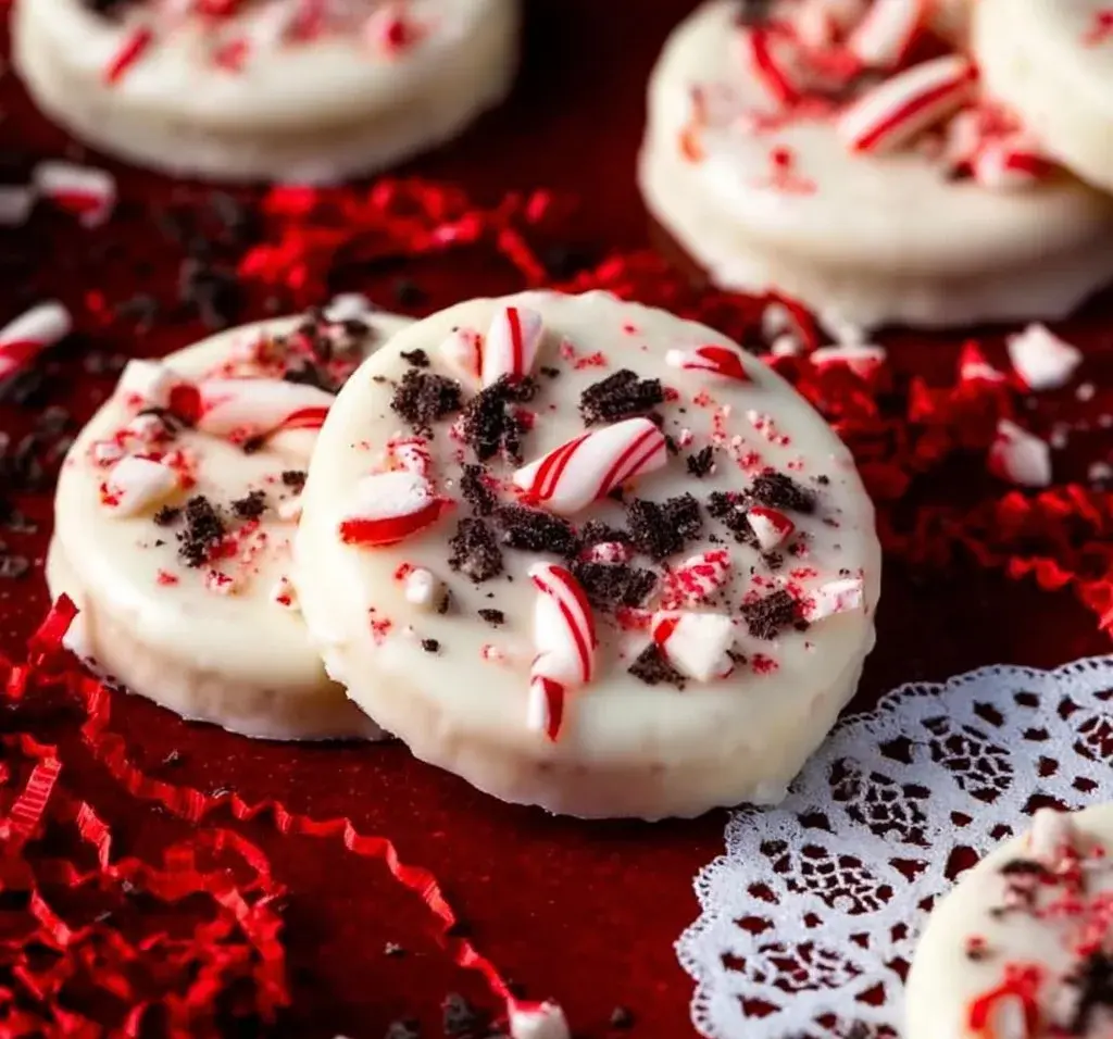 Peppermint Bark Oreo Thins with chocolate and peppermint pieces