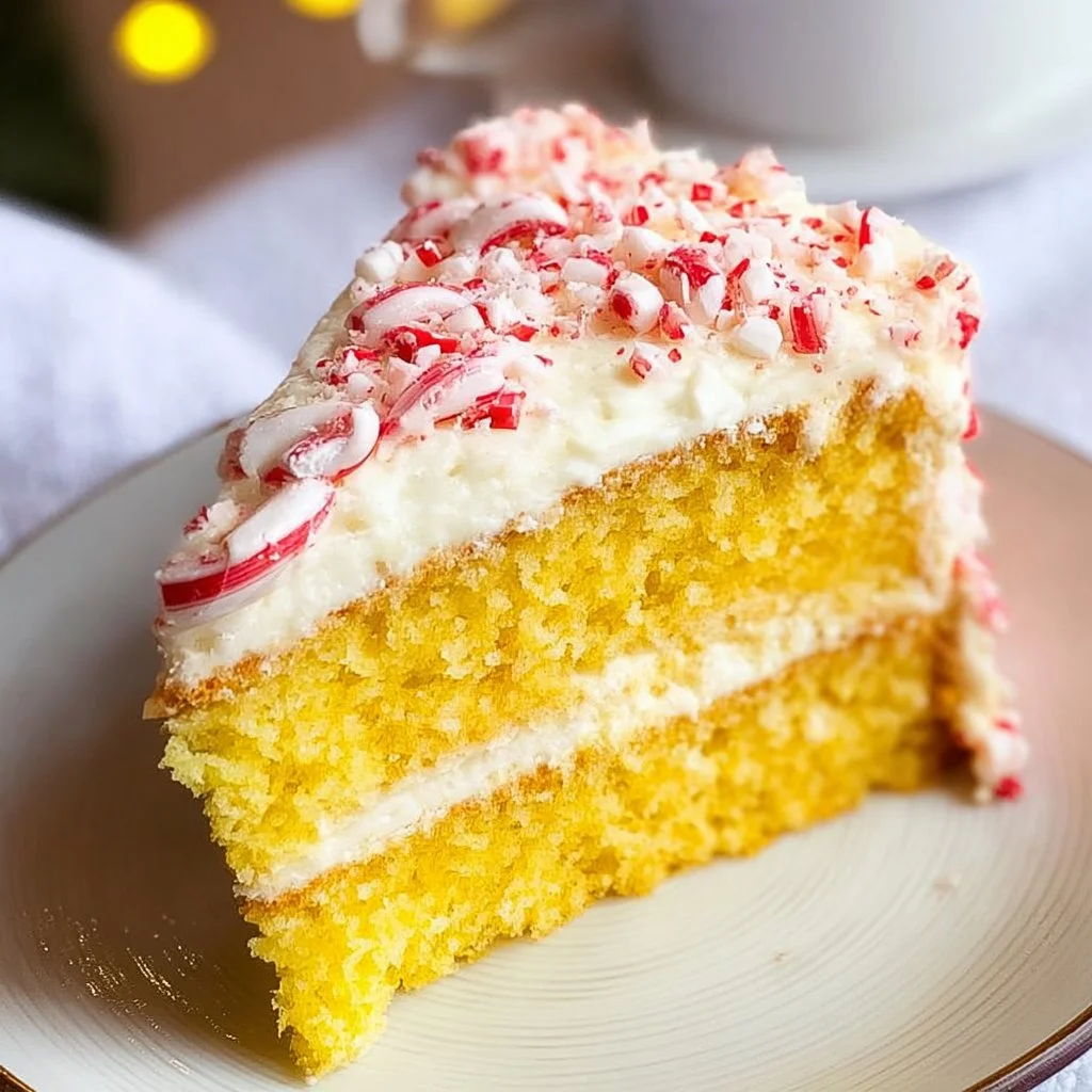 Delicious Peppermint Candy Cane Cake decorated with festive candy canes.