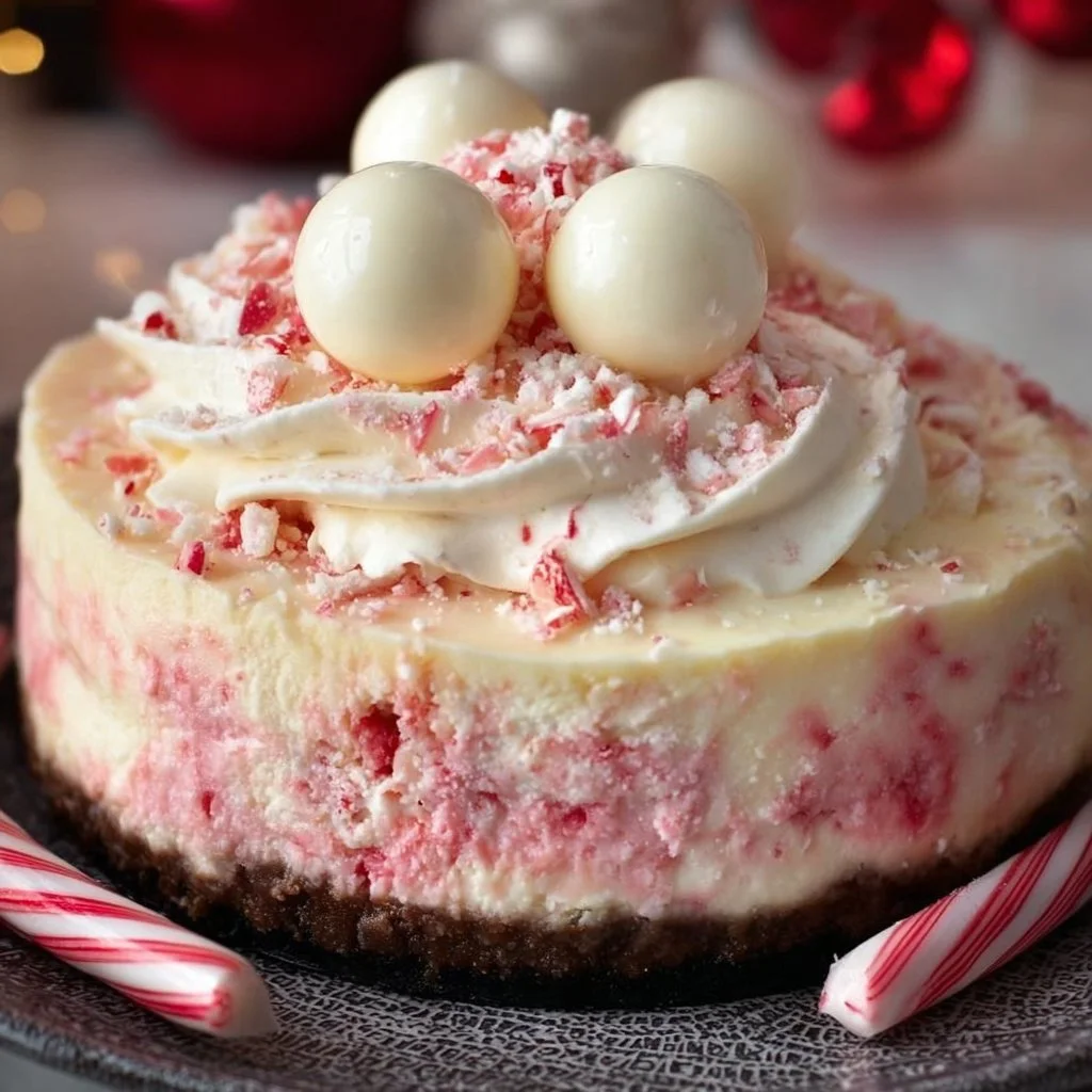 Delicious peppermint cheesecake topped with whipped cream and candy canes