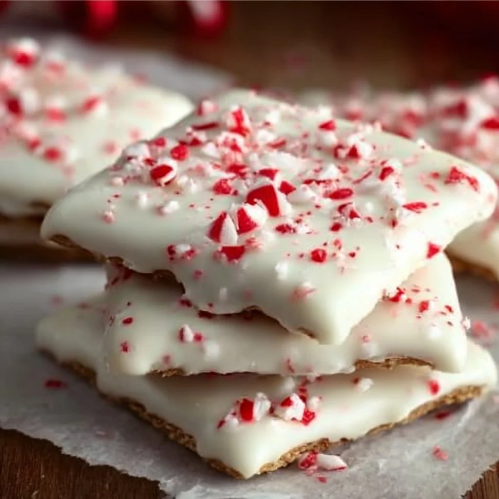 Peppermint crunch white chocolate covered graham crackers on a festive plate