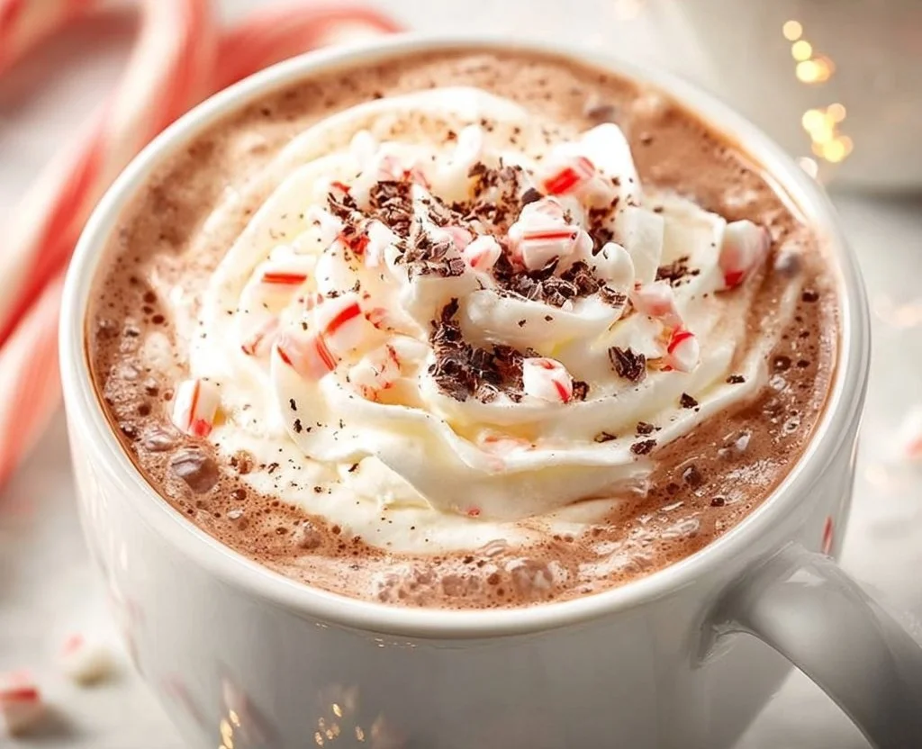 A cup of peppermint hot chocolate topped with whipped cream and peppermint sprinkles