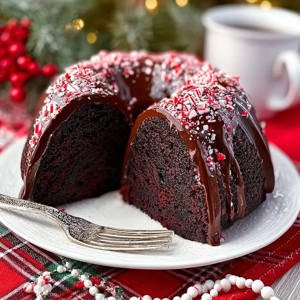 Slice of Peppermint Mocha Bundt Cake on a festive plate