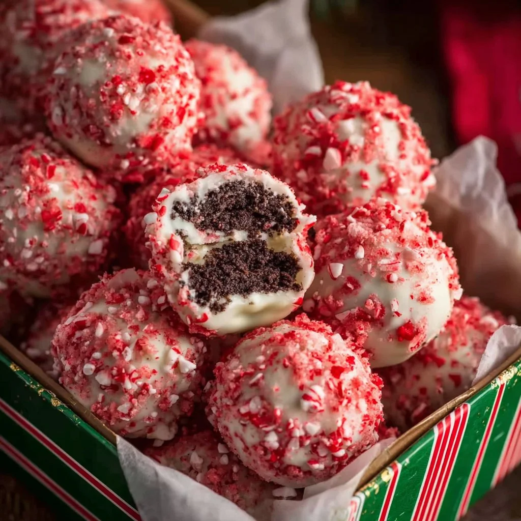 Homemade peppermint Oreo balls decorated for the holidays