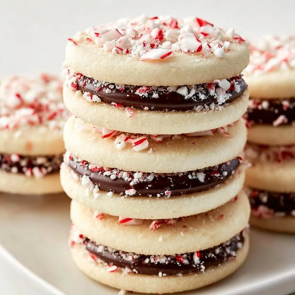 Peppermint sugar cookie sandwiches with chocolate ganache filling on a festive plate