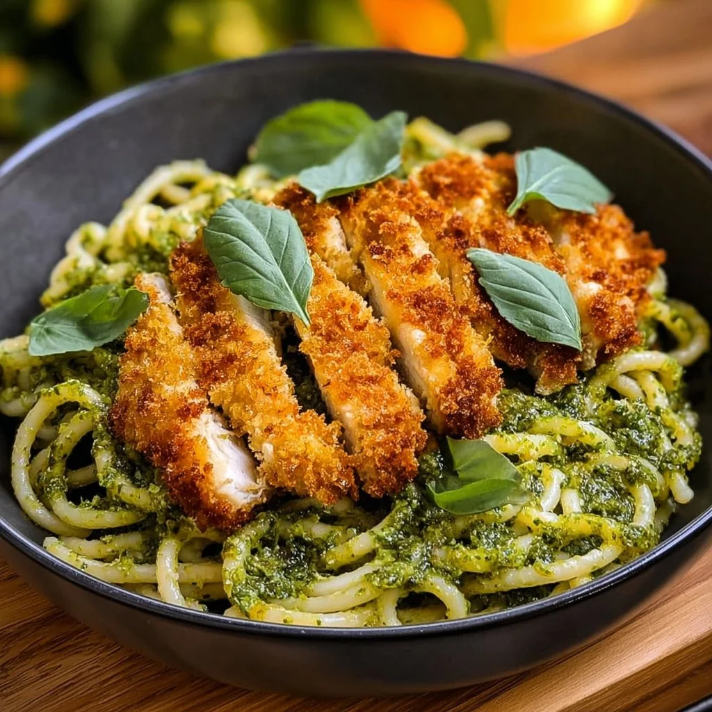 Pesto pasta served with crispy Parmesan chicken on a plate