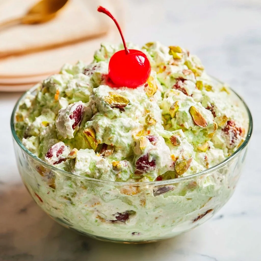 Bowl of creamy Pistachio Fluff dessert garnished with nuts