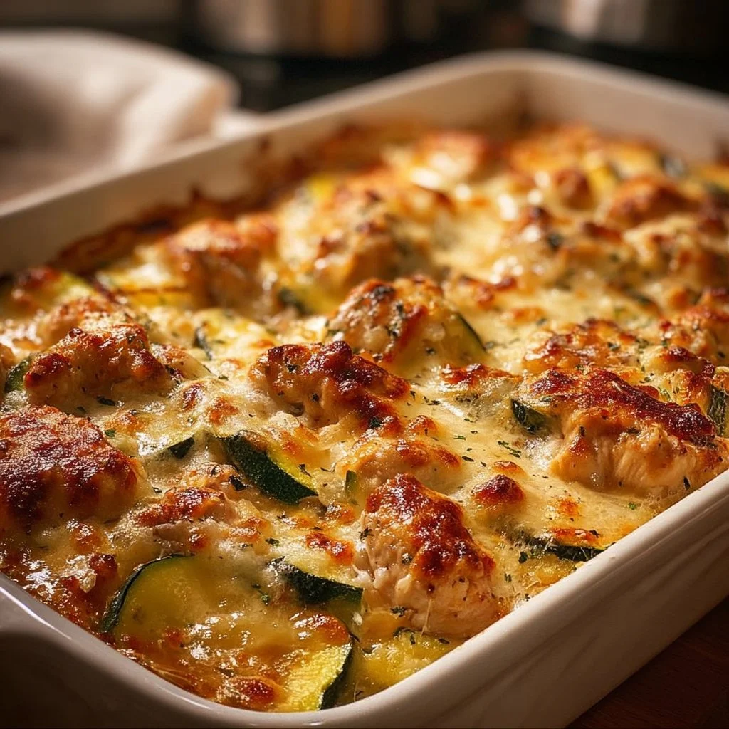 Quick Rotisserie Chicken Zucchini Casserole topped with cheese