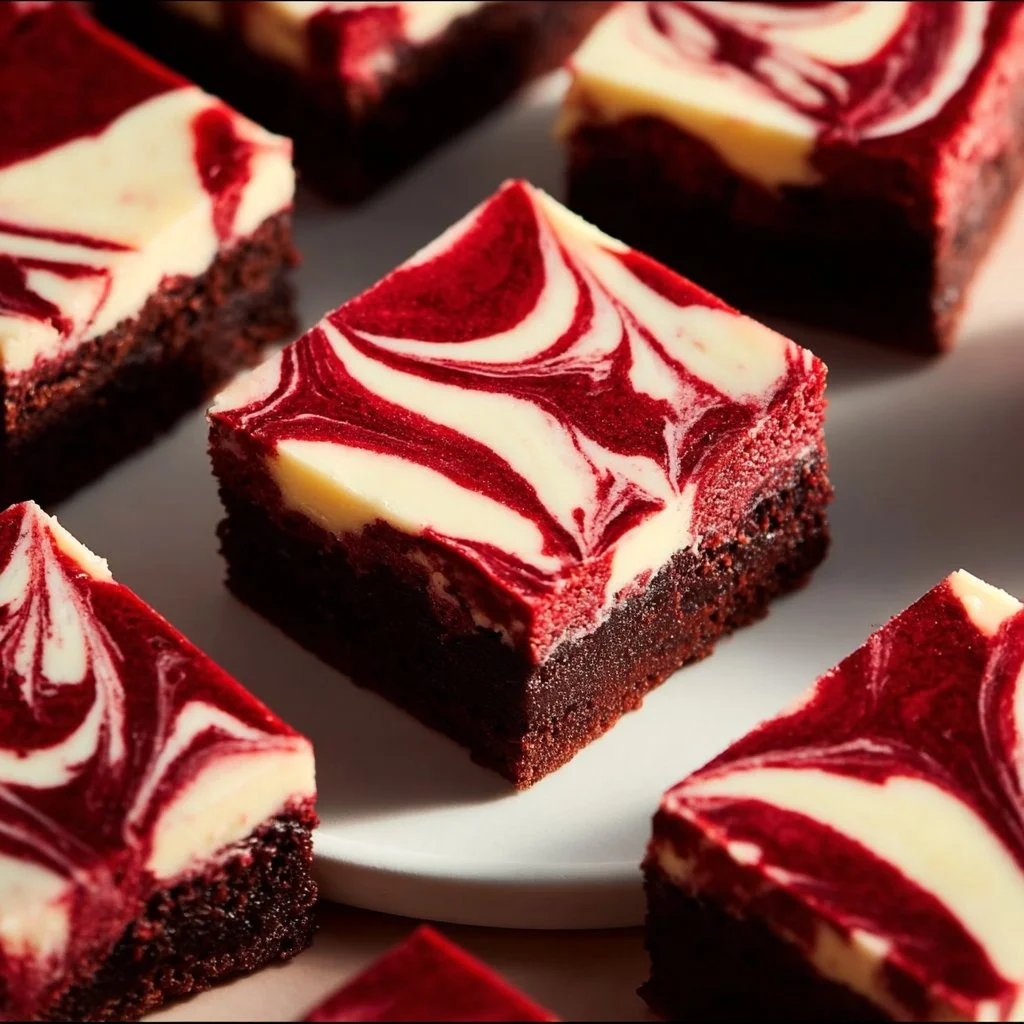 Delicious red velvet cheesecake brownies with a rich creamy topping