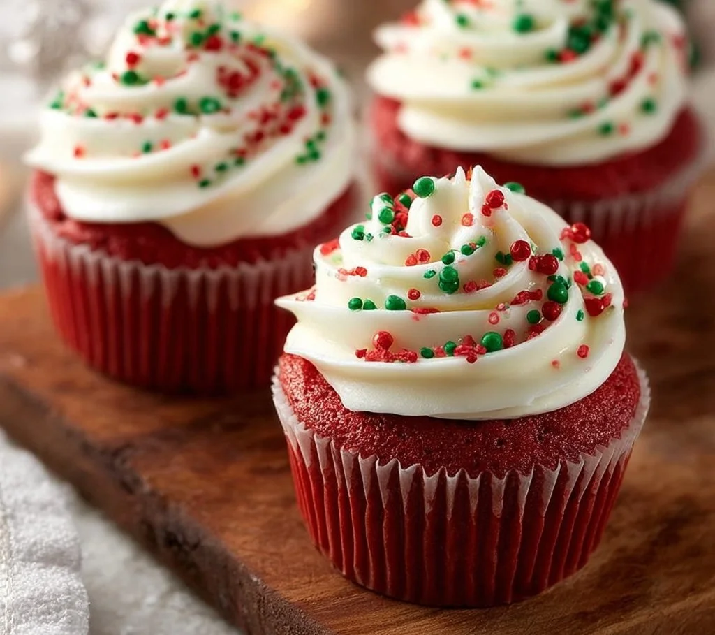 Delicious red velvet cupcakes with cream cheese frosting on a decorative plate