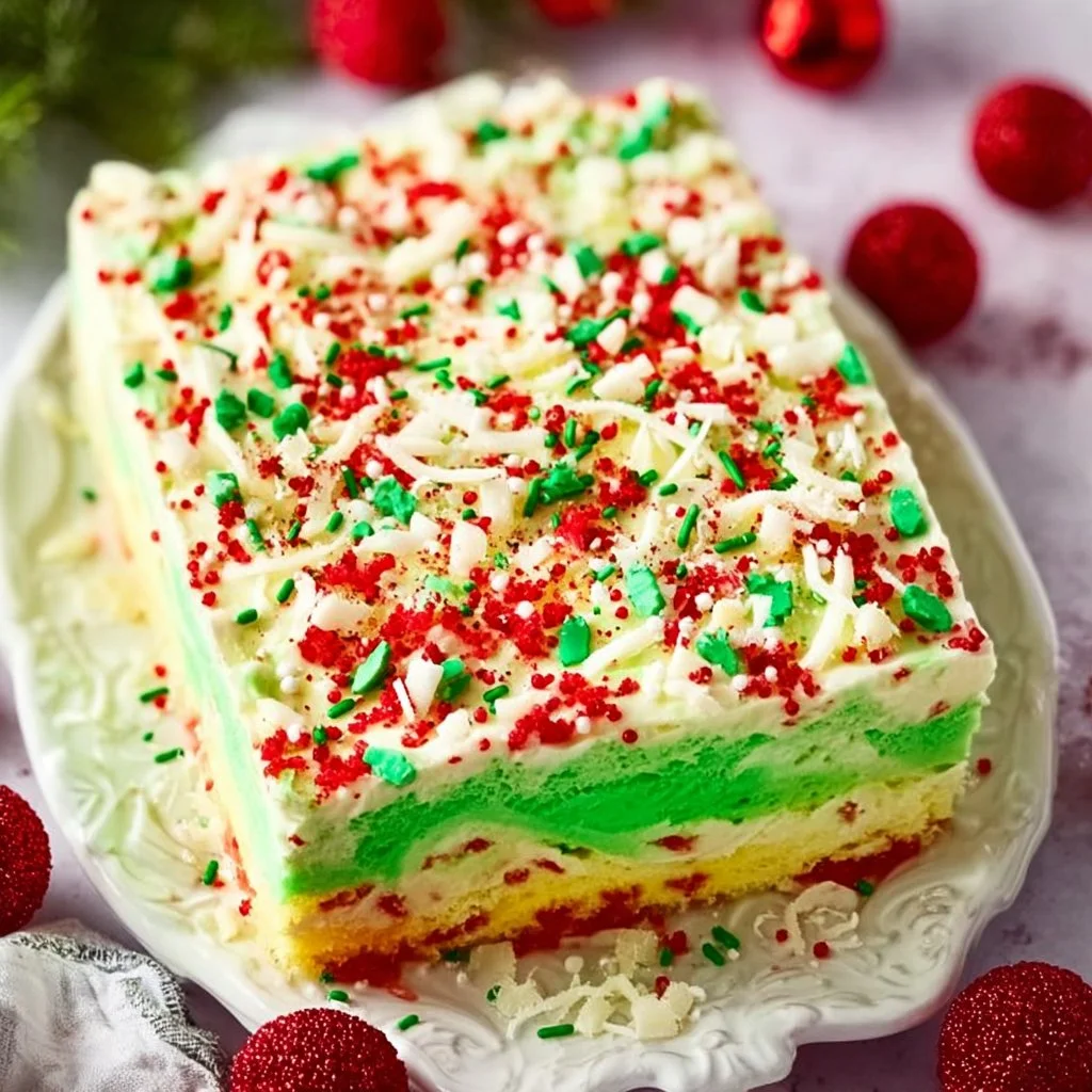 Delicious Red Velvet Poke Cake drizzled with cream cheese frosting and garnished.