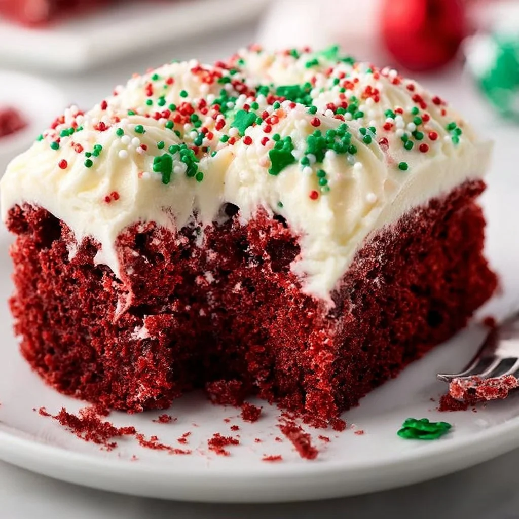 Delicious Red Velvet Poke Cake with cream cheese frosting and chocolate drizzle.
