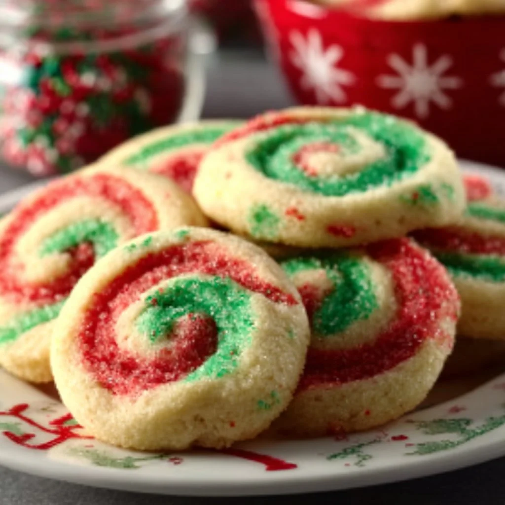 Colorful Santa's Swirl Sugar Cookies on a festive plate