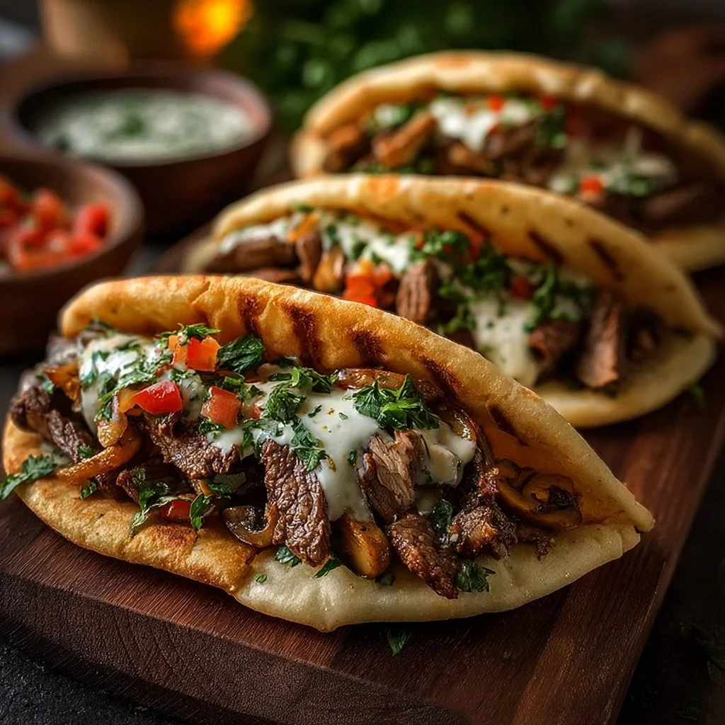 Savory beef and mushroom stuffed pita pockets on a wooden board