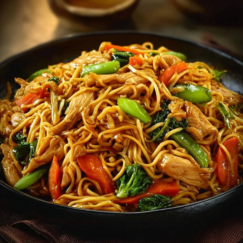 Delicious chicken chow mein served in a bowl with colorful vegetables