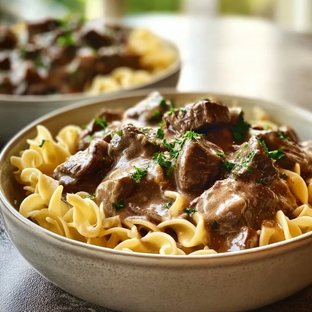 Delicious Slow Cooker Beef Stroganoff served with noodles and garnished with parsley.