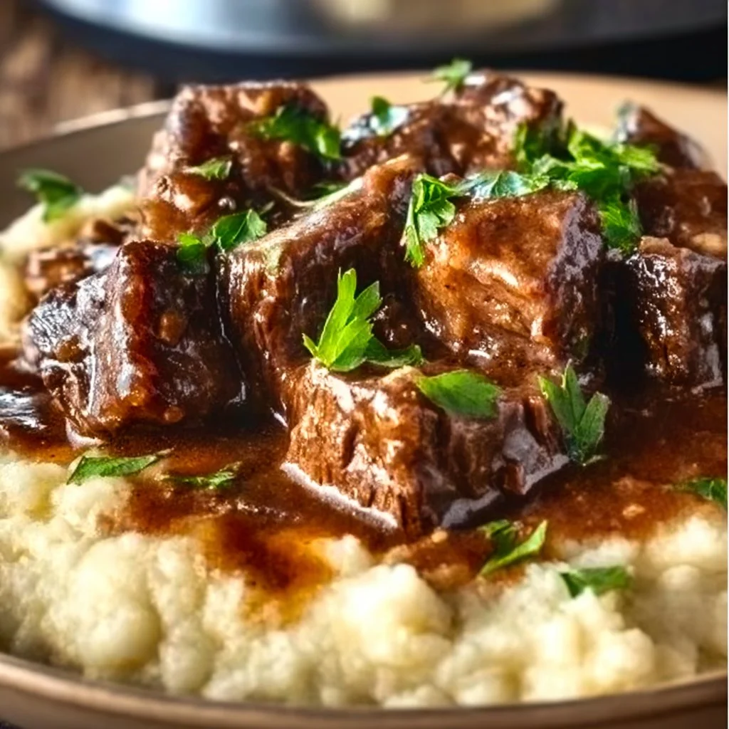 Slow cooker beef tips served with vegetables on a plate