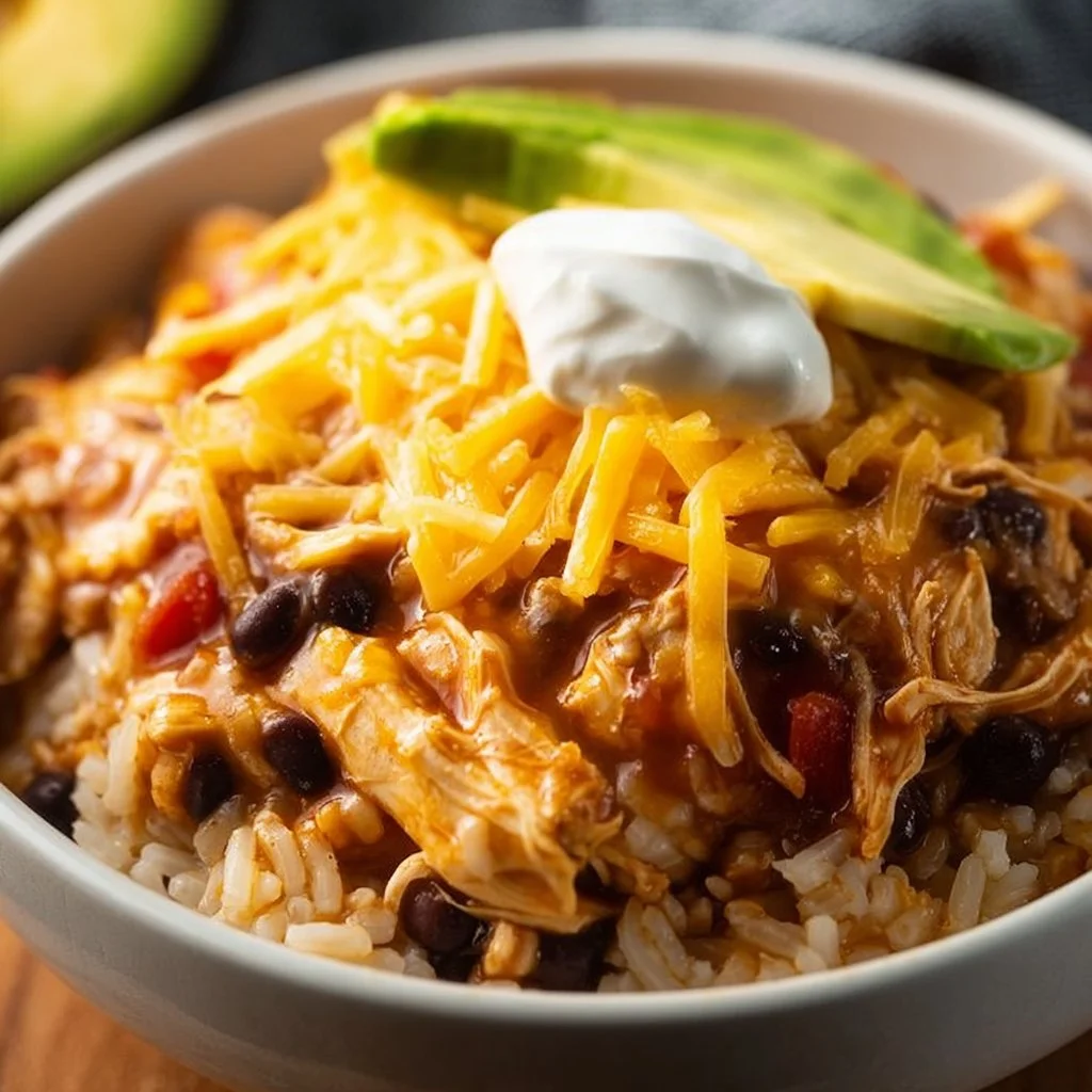 Slow cooker chicken burrito bowls with vibrant toppings and ingredients.