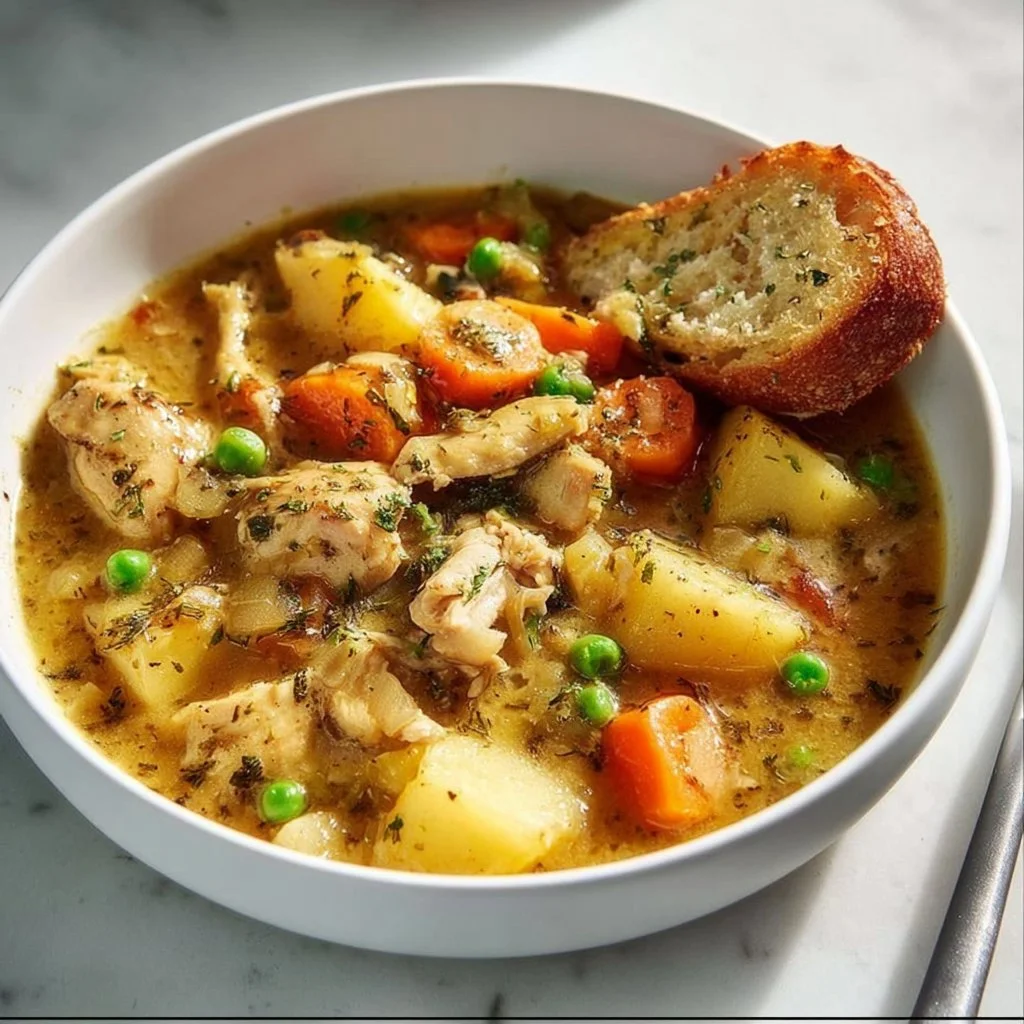 Slow cooker chicken stew served in a bowl with vegetables and herbs