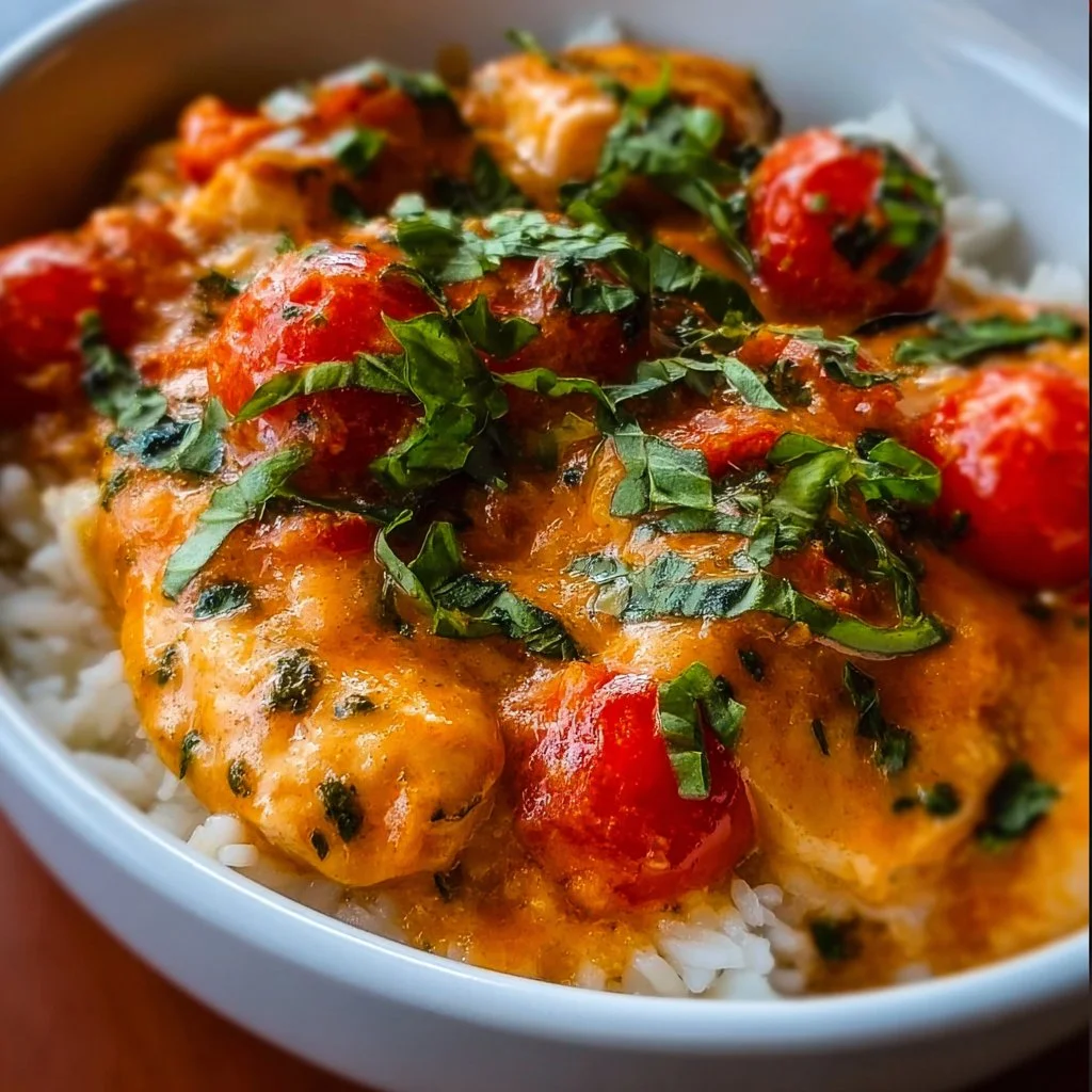 Delicious slow cooker creamy tomato basil chicken served with herbs and cheese
