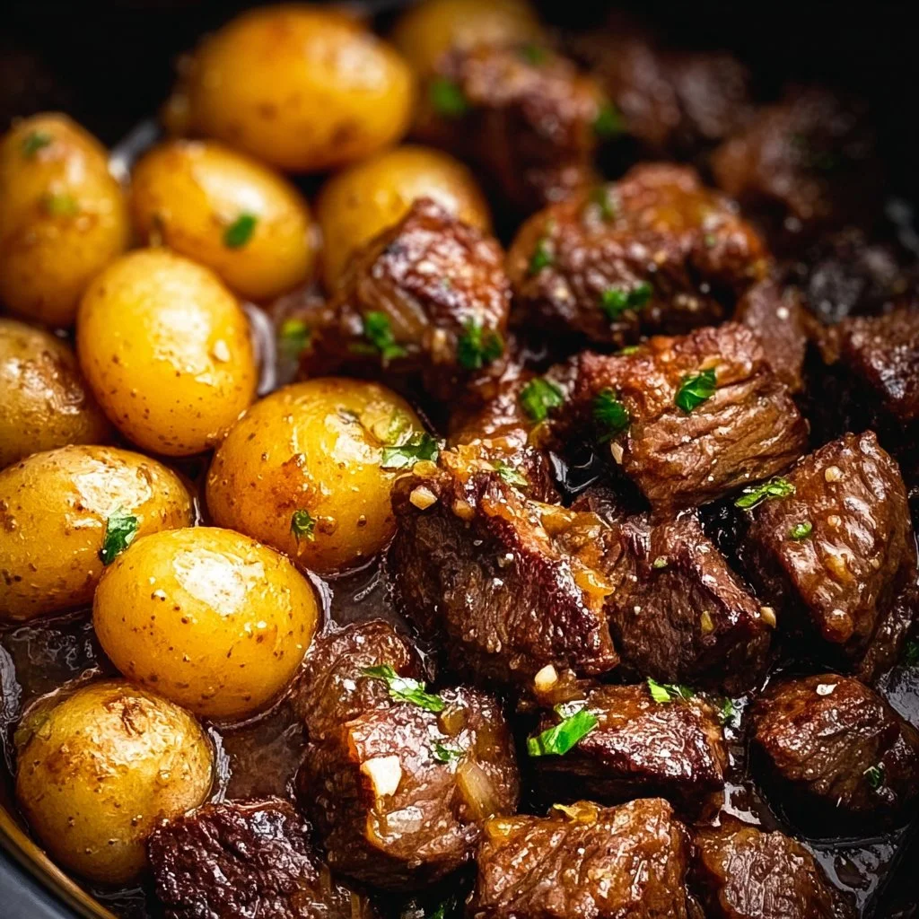 Slow cooker garlic butter beef bites served with potatoes on a plate