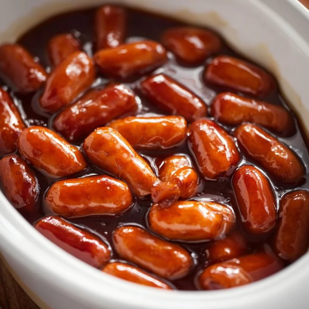 Slow Cooker Little Smokies served in a bowl with sauce for a delicious appetizer.