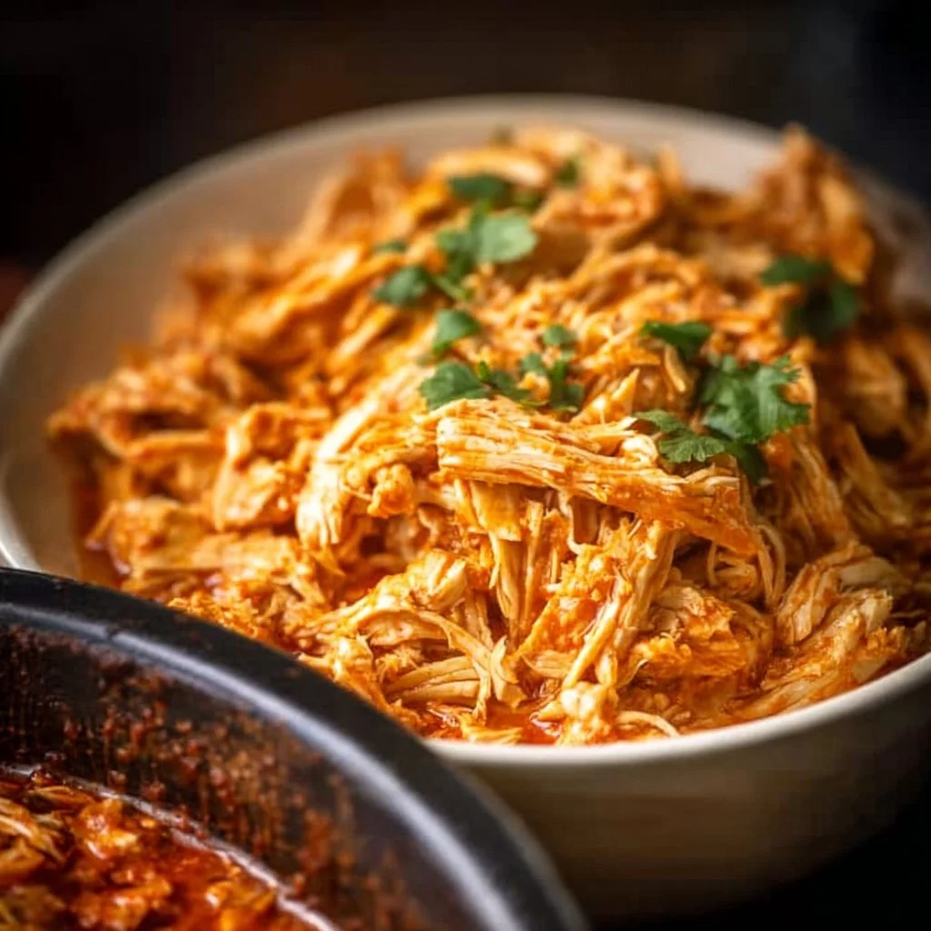 Delicious Slow Cooker Mexican Shredded Chicken served with tacos.