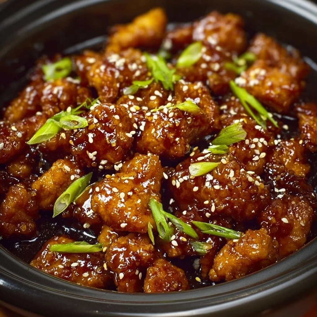 Delicious slow cooker orange chicken served on a plate with rice and vegetables
