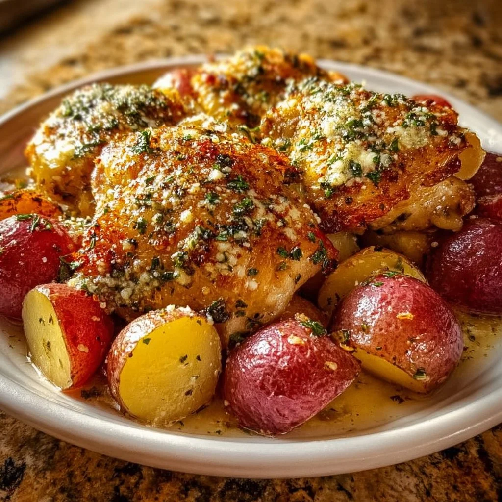 Slow Cooker Parmesan Garlic Chicken with potatoes in a savory dish