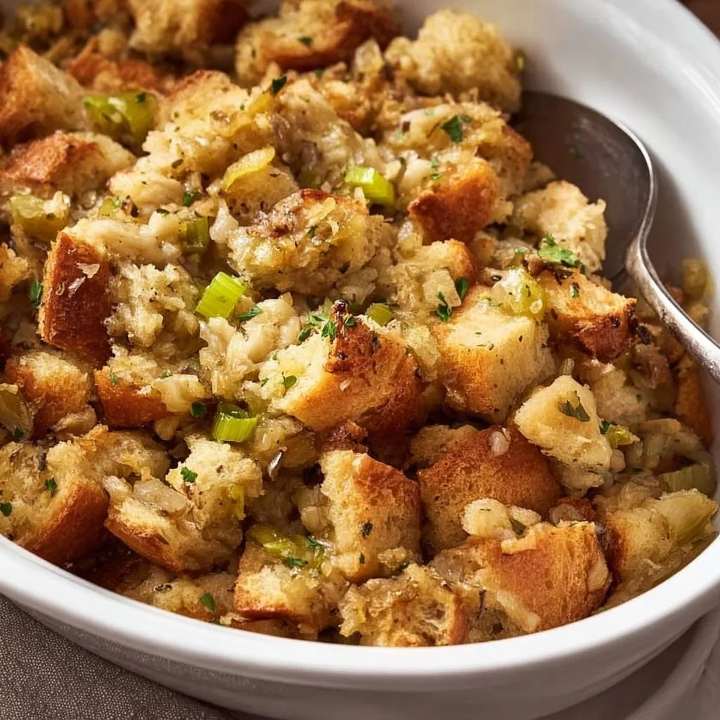 Delicious slow cooker stuffing prepared with fresh ingredients in a cozy kitchen.