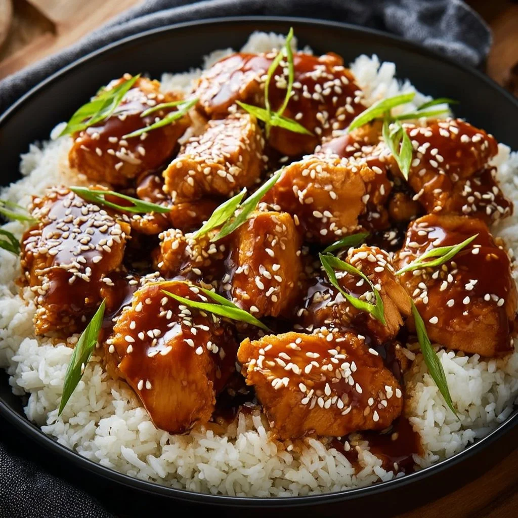 Slow Cooker Teriyaki Chicken served with steamed rice and vegetables.