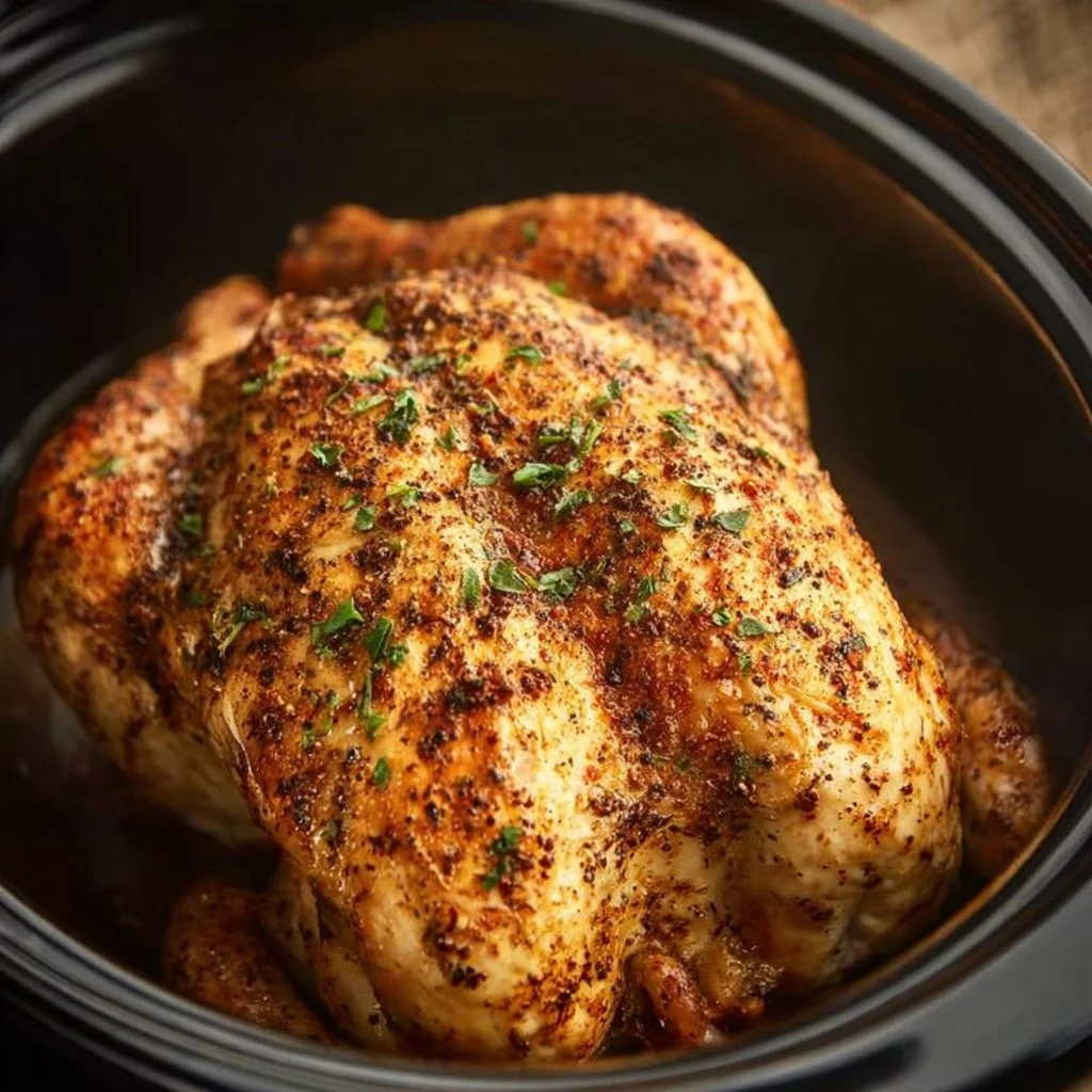Slow Cooker Whole Chicken cooked to perfection in a crockpot.