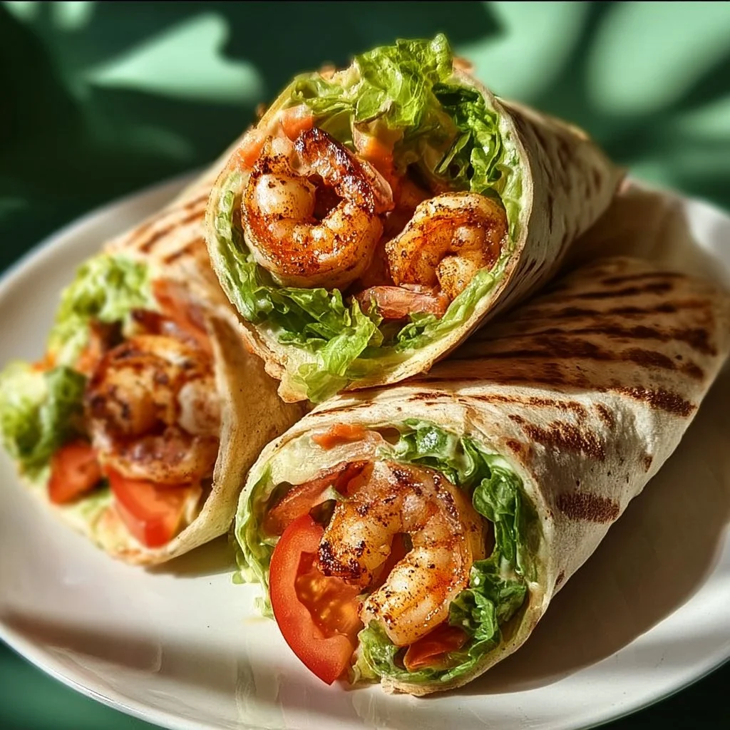 Smoky Grilled Shrimp Caesar Wrap with fresh ingredients on a plate