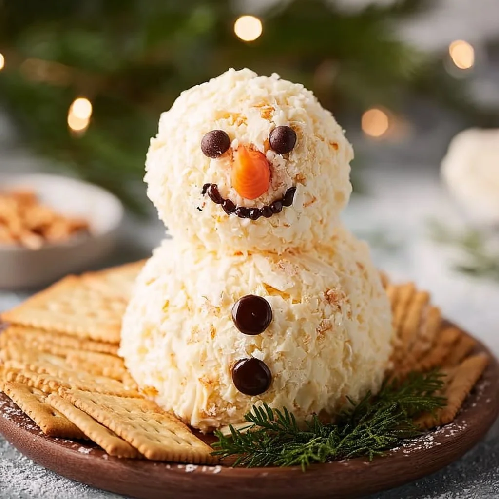 Snowman Cheese Ball made with cream cheese and decorated for a festive touch