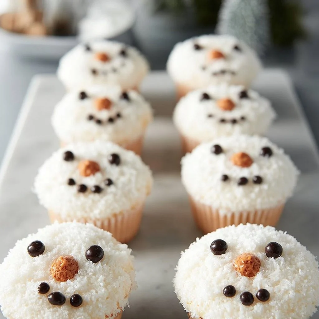 Delicious Snowman Cupcakes decorated with icing and festive toppings
