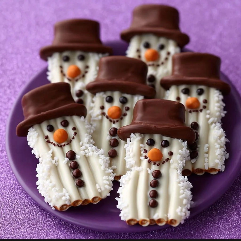 Festive snowman shaped pretzel treats decorated with chocolate and sprinkles.