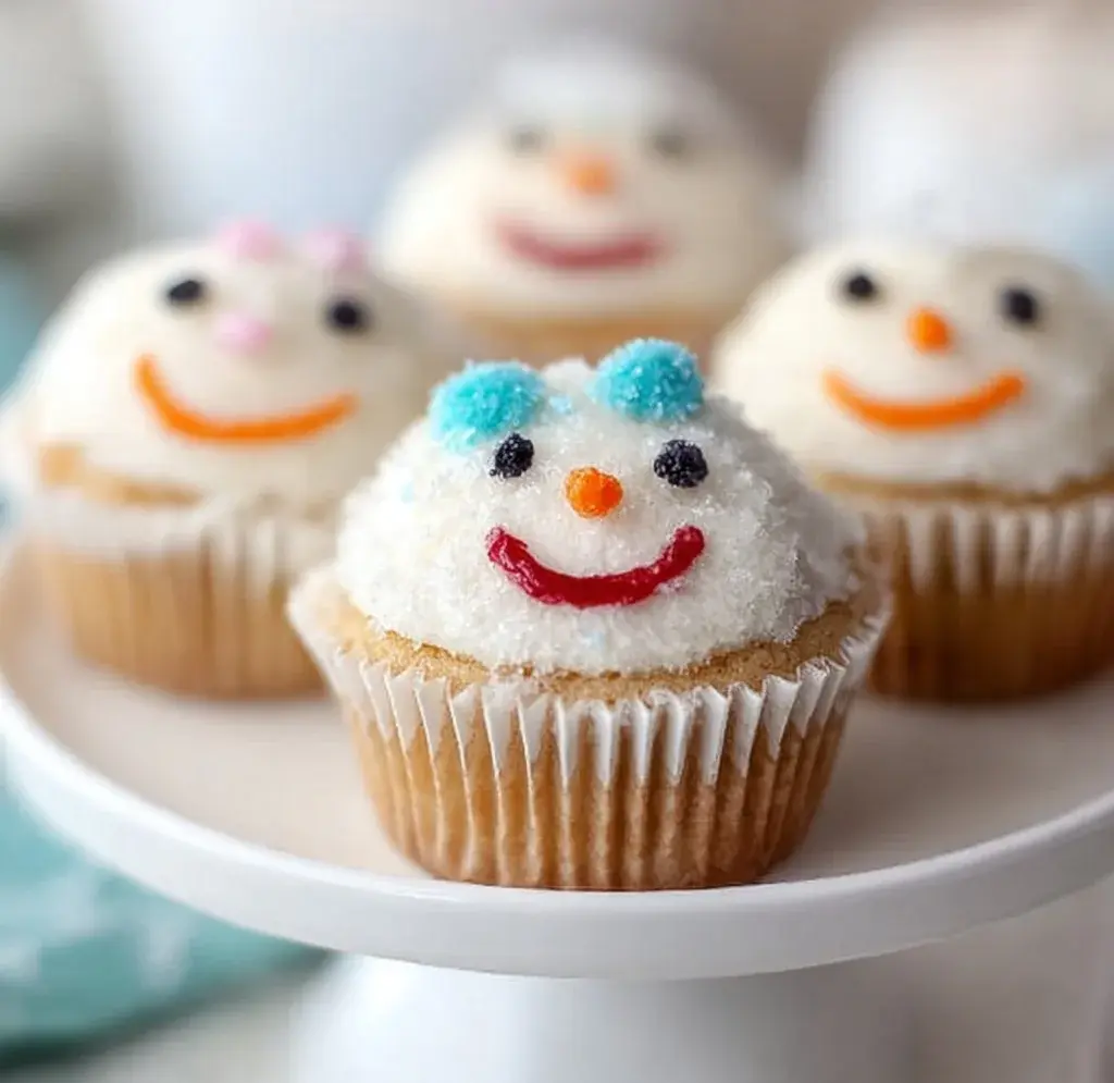 Cute Snowmen Cupcakes decorated with frosting and candies for winter festivities