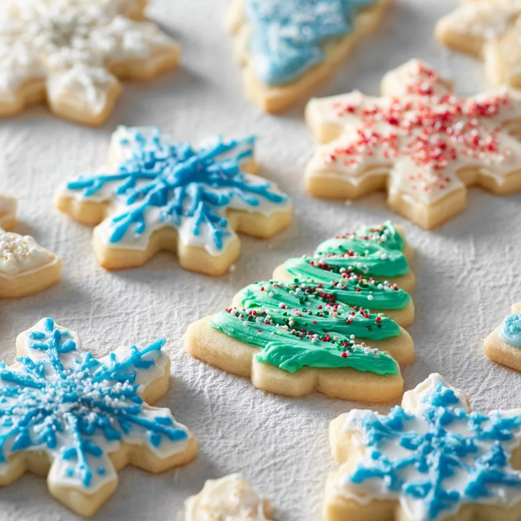 Soft baked cutout sugar cookies decorated with icing and sprinkles