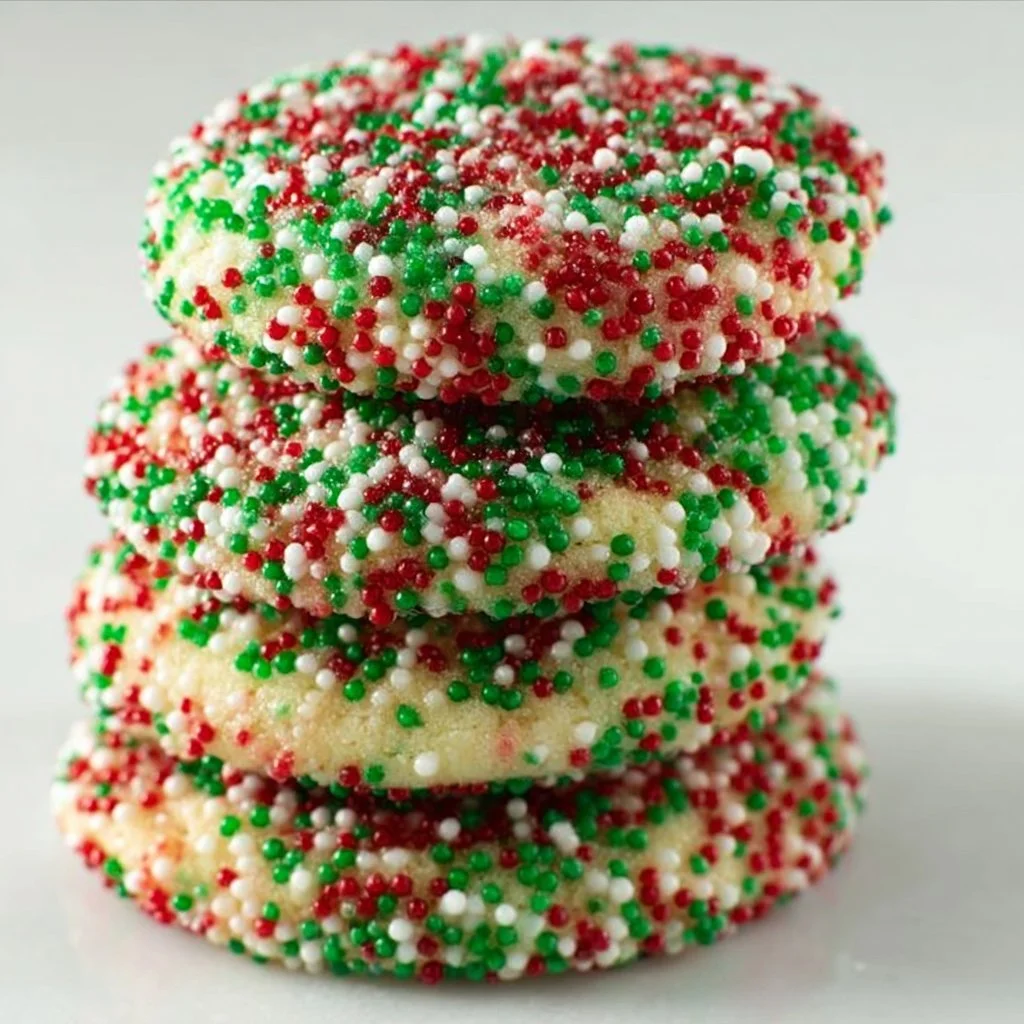 Delicious soft batch Christmas sprinkle cookies decorated with colorful sprinkles